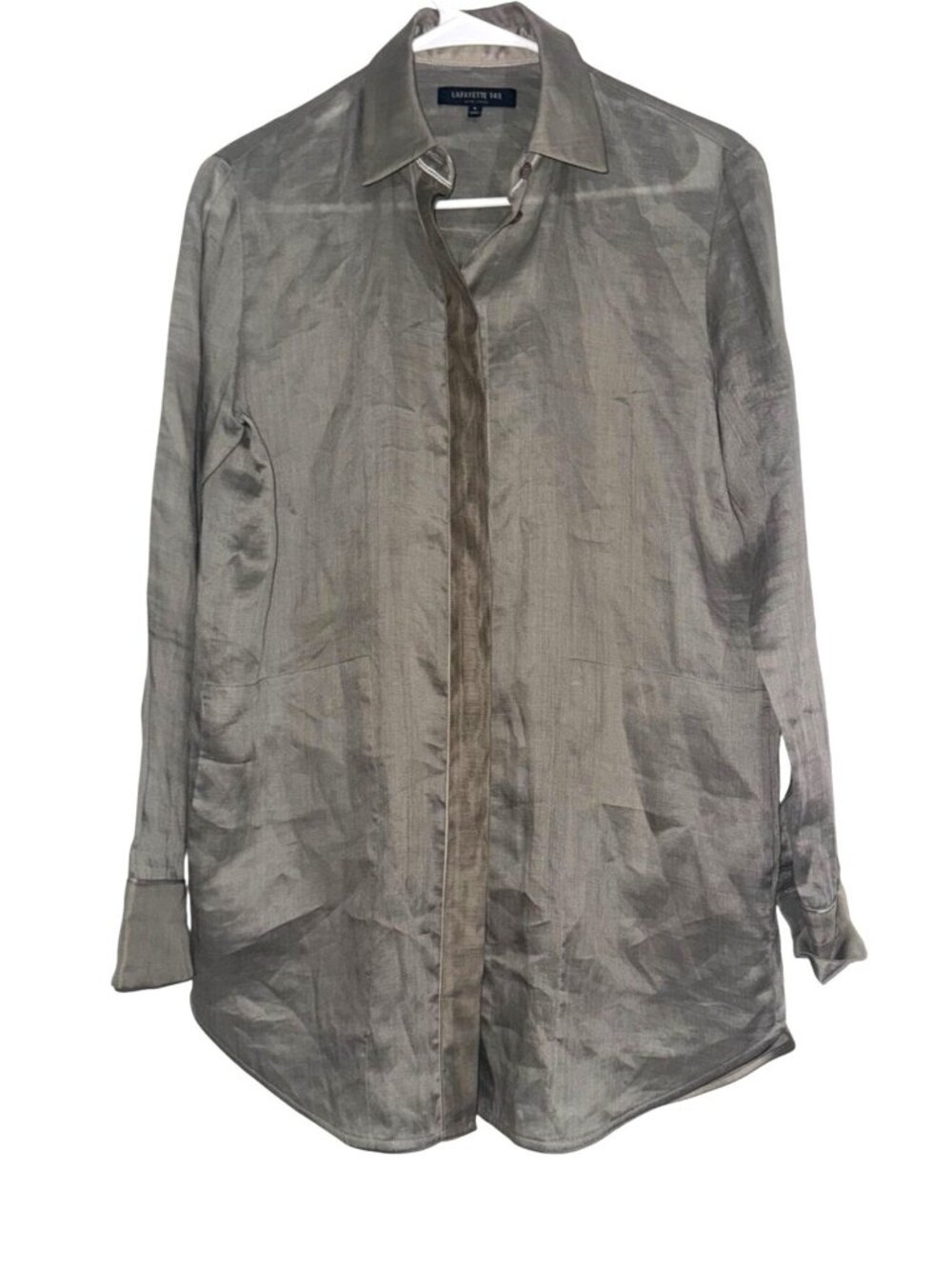 Lafayette 148 New York Womens Long Button-Up Shirt P Taupe Ramie/Tencel - Picture 2 of 8